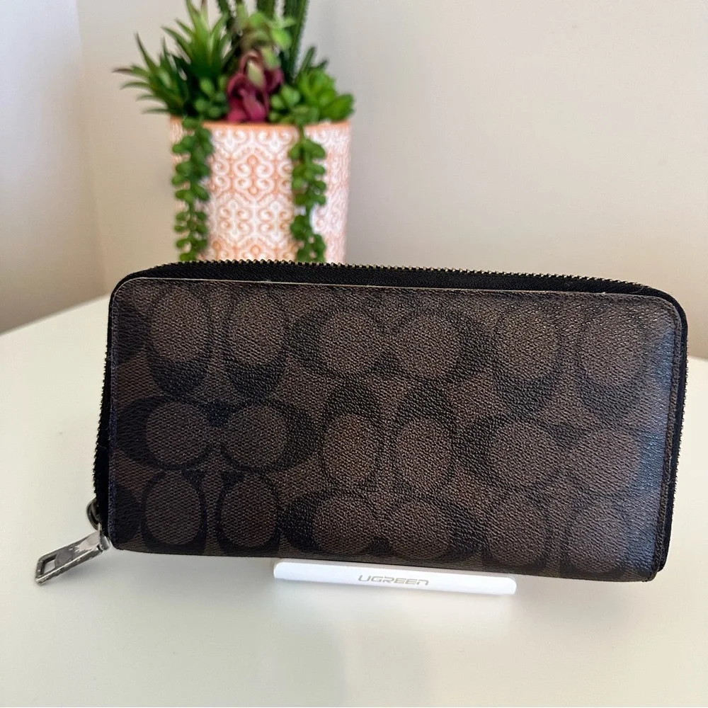 Coach Signature Zip Around Wallet Brown and Black